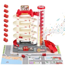 Fire Control Garage Toy Car Set with Sound, Lights, Electric Elevator and 8 Cars - Rescue Playset for Kids 3+