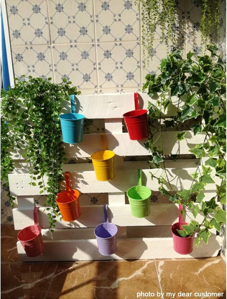 image 1 of Hanging Plant Pots Metal Flower Pot Vase Bucket Hanging Garden Planter with Drainage Hole, Balcony Home | Multi