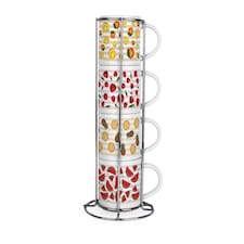 Striped Fruits Stacking Mugs Set - Colourful Set of 4 Ceramic Mugs Gift Set with Metal Stand | White