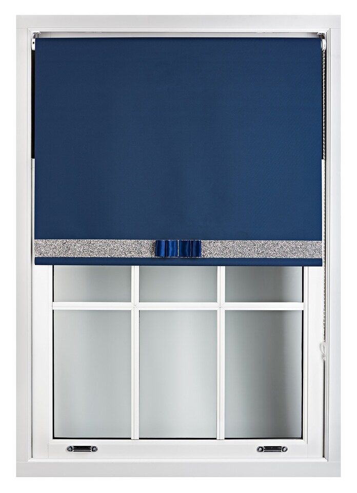 image 1 of FURNISHED Blackout Roller Blind with Silver Glitter Trim and Navy Bow Cut to Size | Blue | Navy | (W) 180cm x (L) 165cm