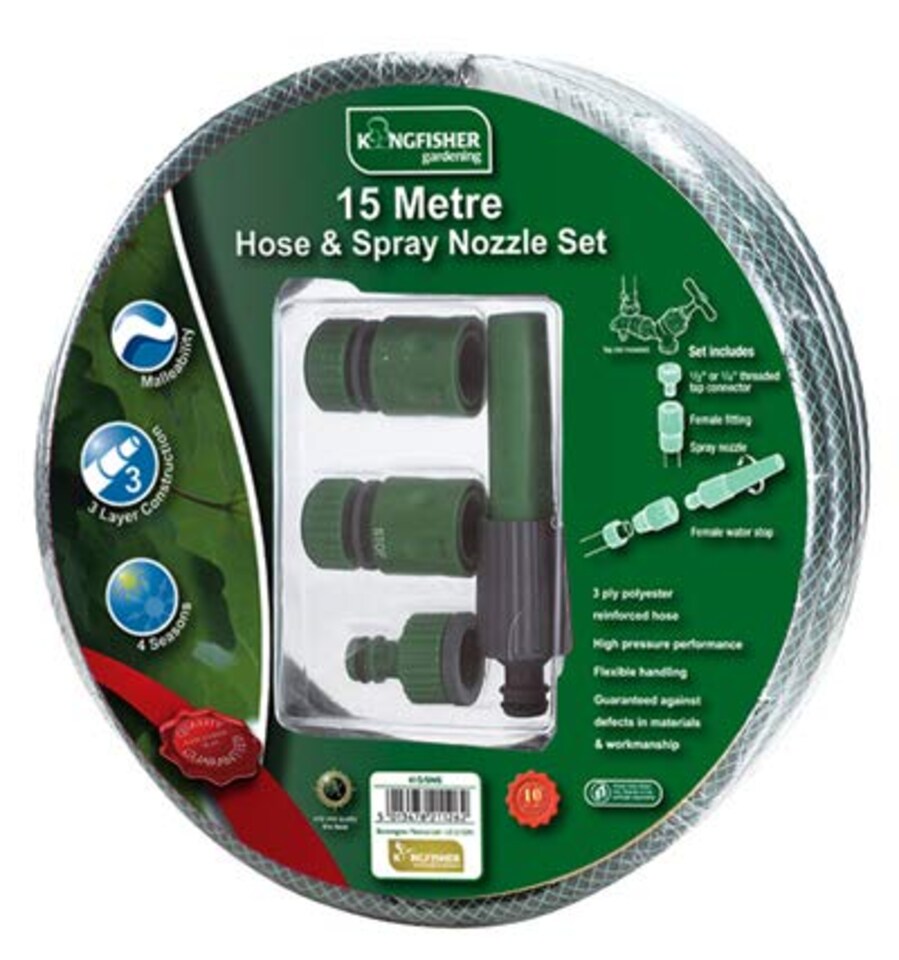 image 1 of 15m Garden Hose and Spray Nozzle Set | Green | Green