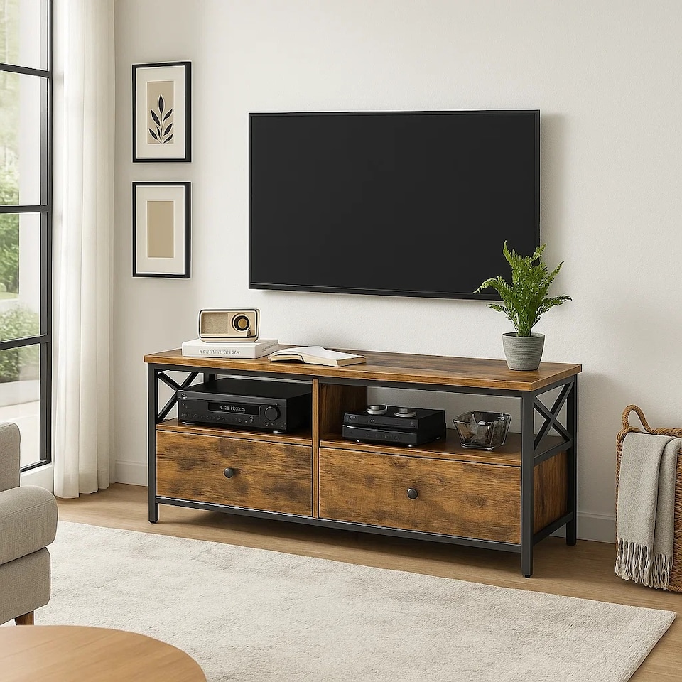 image 1 of Industrial TV Stand for 55-Inch TV – Cabinet with 2 Drawers & Open Storage Shelves