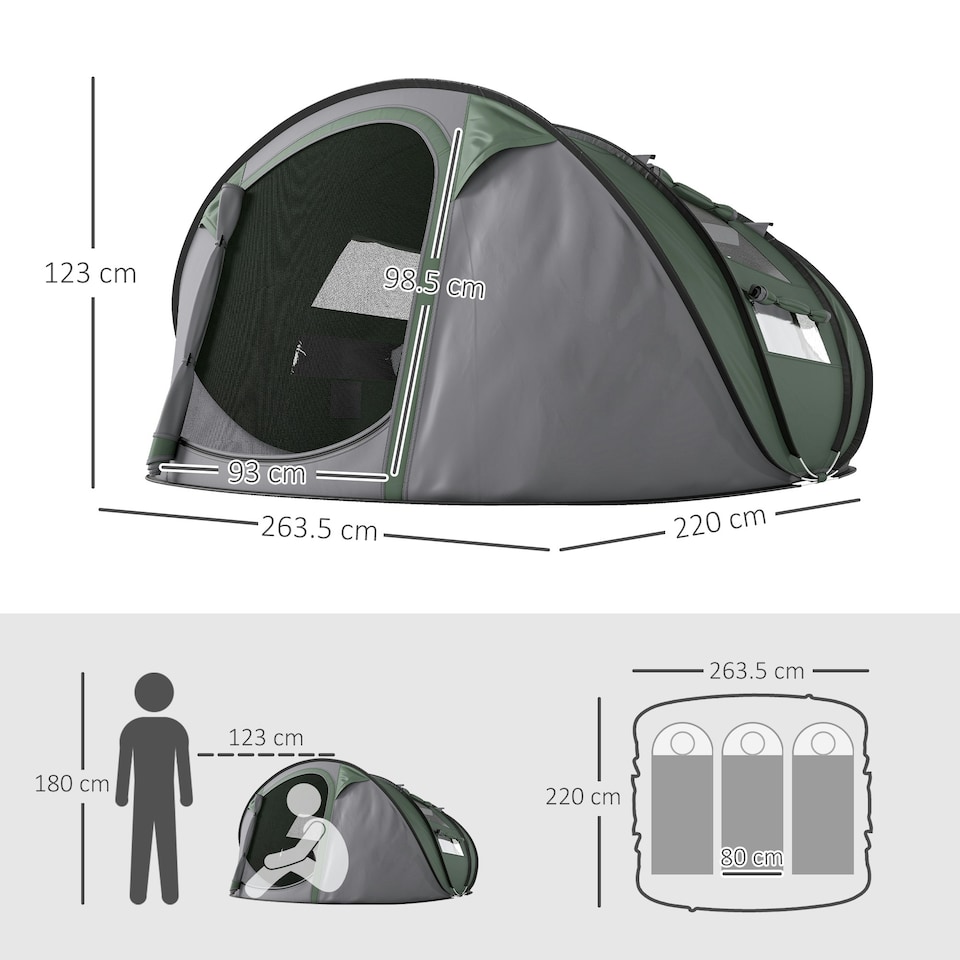 image 1 of Outsunny Camping Tent Dome Pop-up Tent with Windows for 4-5 Person Dark Green