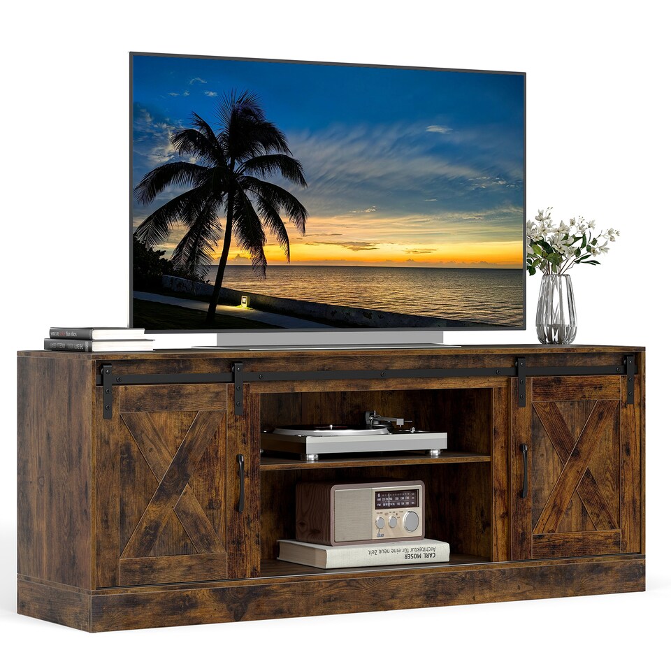 image 1 of COSTWAY Entertainment Center Farmhouse TV Stand for 70 Inch TVs Brown