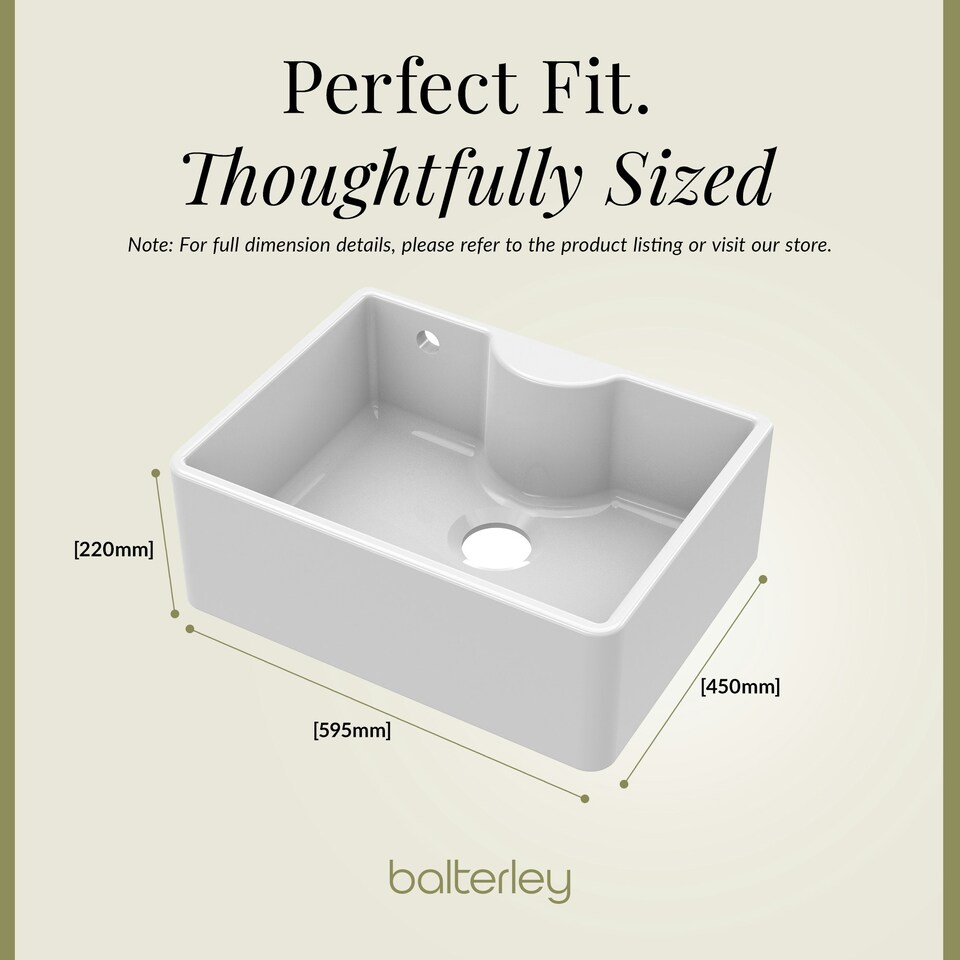 image 1 of 595mm - Single Bowl Fireclay Butler Kitchen Sink - Ledge , Overflow & Waste