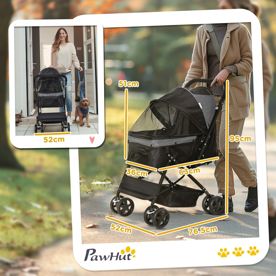image 1 of PawHut Pet Stroller Dog Foldable Travel Carriage with Reversible Handle, Black