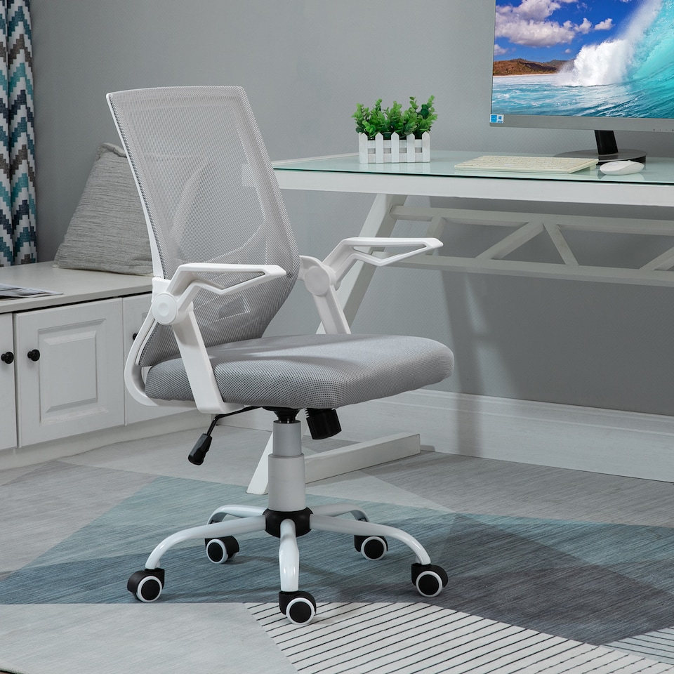 image 1 of Vinsetto Office Chair with Flip-up Armrest, Mid Back Desk Chair with Mesh Back, Lumbar Support, Adjustable Height, Swivel Wheels for Home, Grey