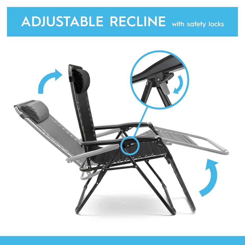 image 1 of Harbour Housewares Zero Gravity Chairs - Black - Set of 2 - Reclining Folding Garden Patio Beach Loungers with Cup Holders