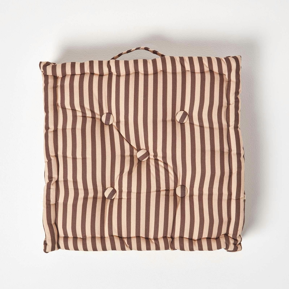 image 1 of Homescapes Cotton Brown and Beige Thin Stripe Floor Cushion - 50 x 50 cm | Cream | Beige | 50 x 50 cm