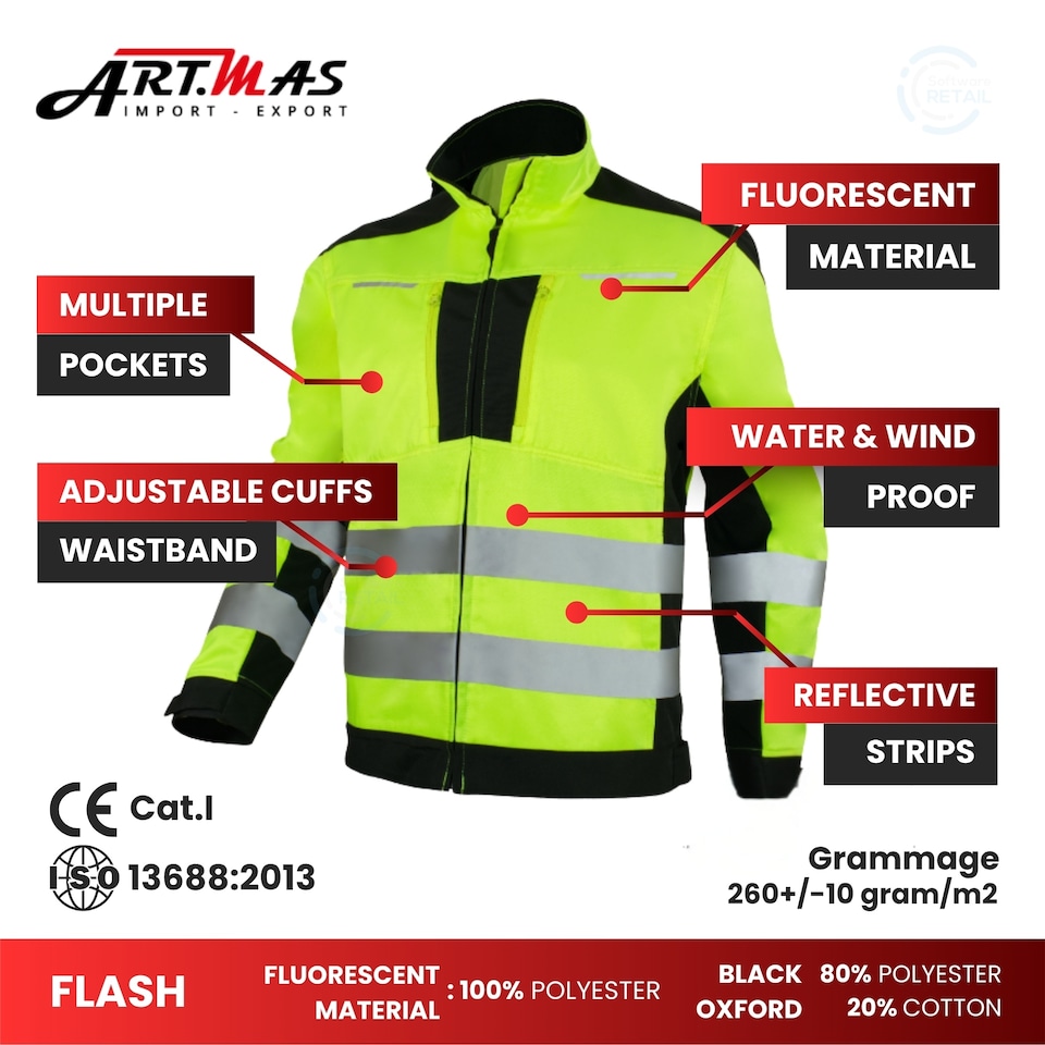 image 1 of 30UK ArtMas FLASH Hi Vis Orange Work Jacket for Men Waterproof Windproof Durable with Reflective Strips and Adjustable Fit