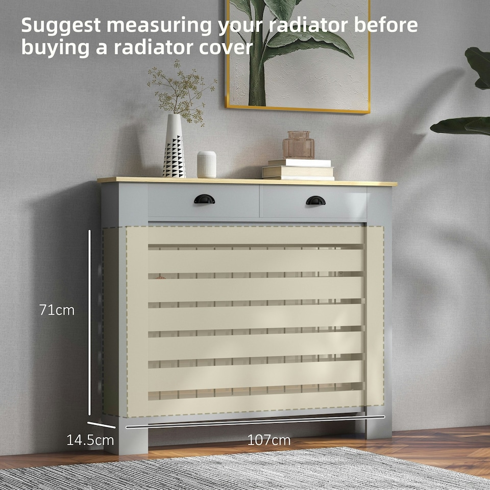 image 1 of HOMCOM Radiator Cover with Drawer, Horizontal Slat, 111cm, Grey
