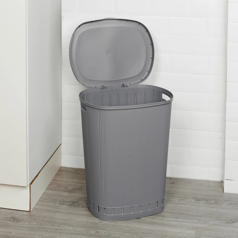 image 1 of 65L Laundry Basket Dirty Washing Clothes Linen Bin Basket with Line Design & Lid | Grey | Grey
