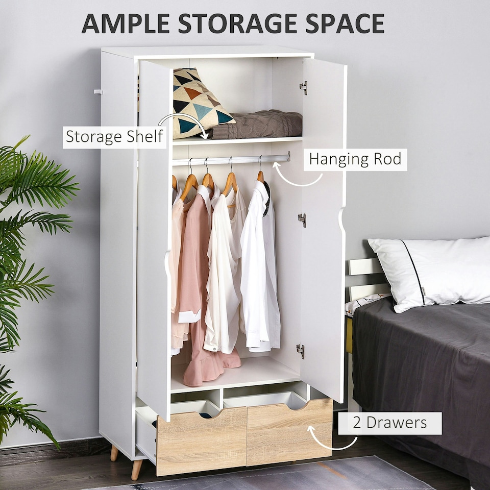 image 1 of HOMCOM 2-Door Clothes Wardrobe w/ Rail Shelf 2 Storage Drawers