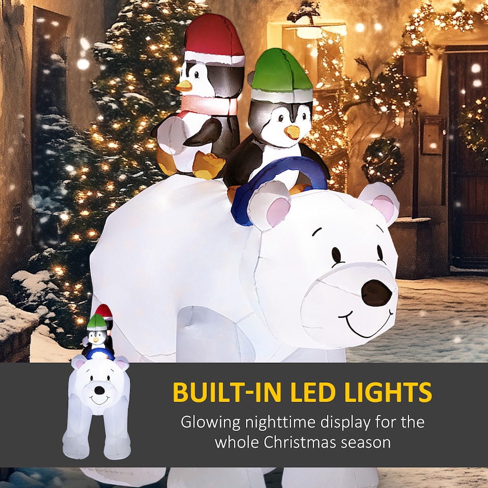 image 1 of Outsunny 6.4FT Christmas Inflatable Two Penguins Riding on Polar Bear, Christmas Blow Up Outdoor LED Display for Garden Party