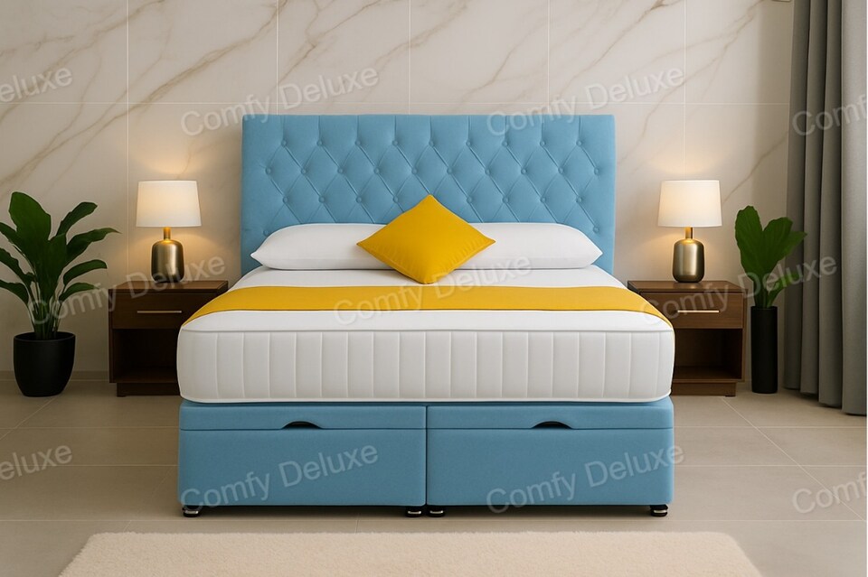 image 1 of Ottoman Storage Sky Blue Plush Velvet 5ft Kingsize Headboard with Mattress