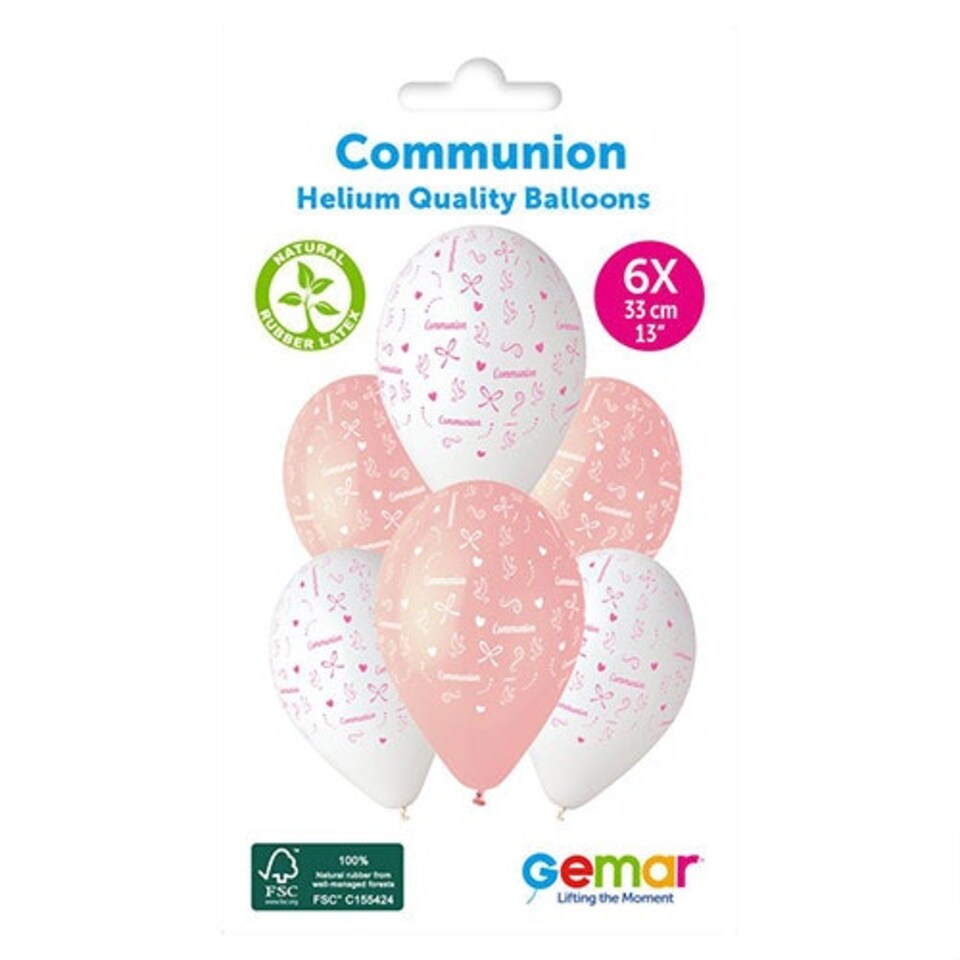 image 1 of Communion Pink & White Latex Balloons 33cm / 13 in - Pack of 6