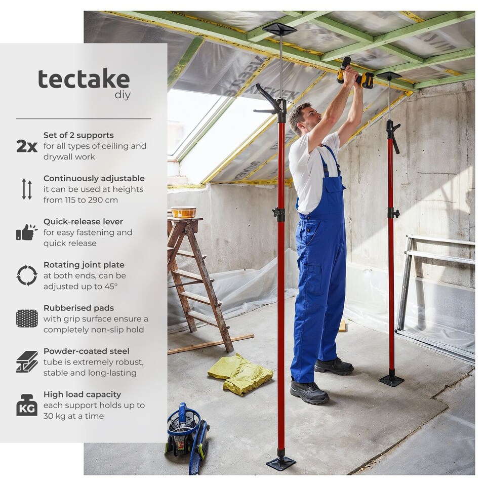 image 1 of Plasterboard Props Set of 2 - height-adjustable, 115 up to 290cm | Red | red | 20 x 8 x 115 cm | 2