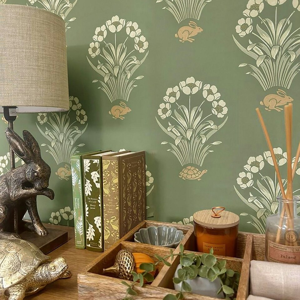 image 1 of Belgravia Tortoise and Hare Wallpaper - Sage Green - 10m x 53cm Green