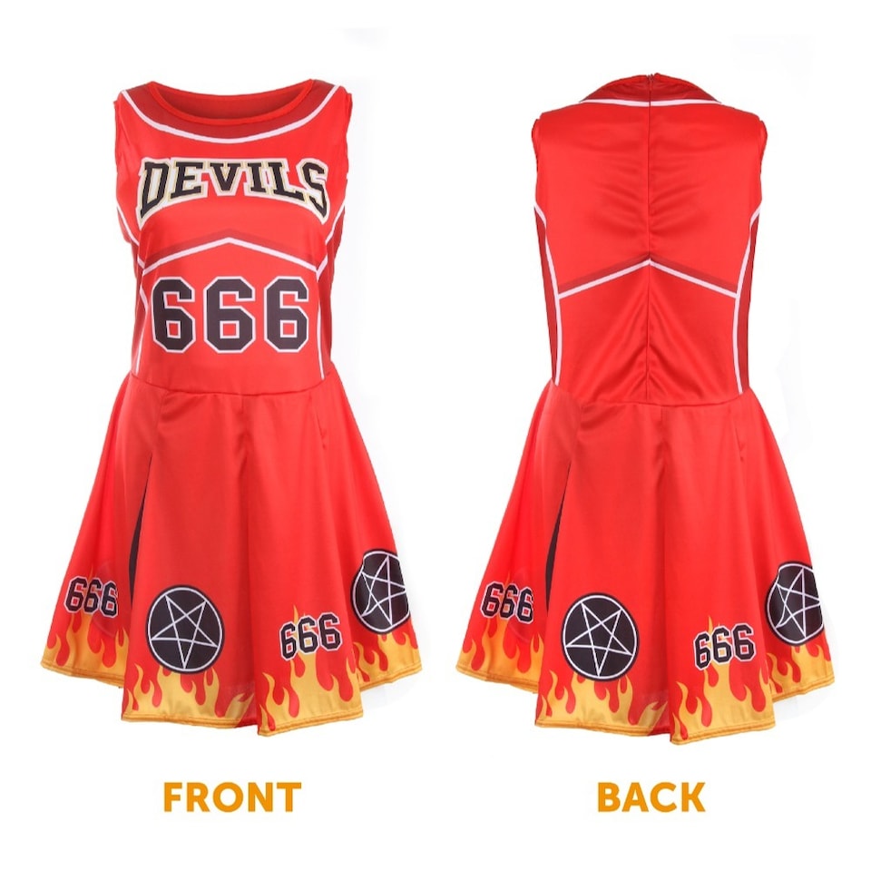 image 1 of Devil Cheerleader Costume - Facepaint, Bloody Tights, and Pom Poms | Red | L