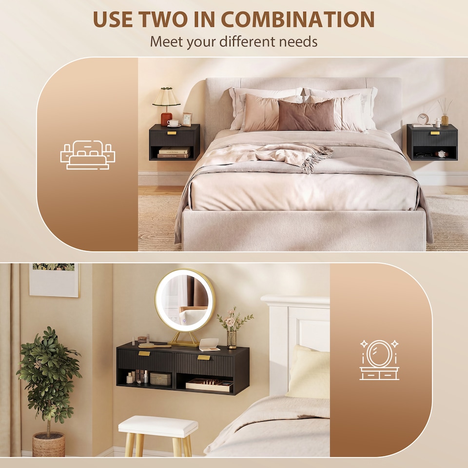 image 1 of HOMCOM Floating Bedside Tables Set of 2 with Fluted Drawer Open Shelf | Black | Black | 40W x 30D x 25H cm