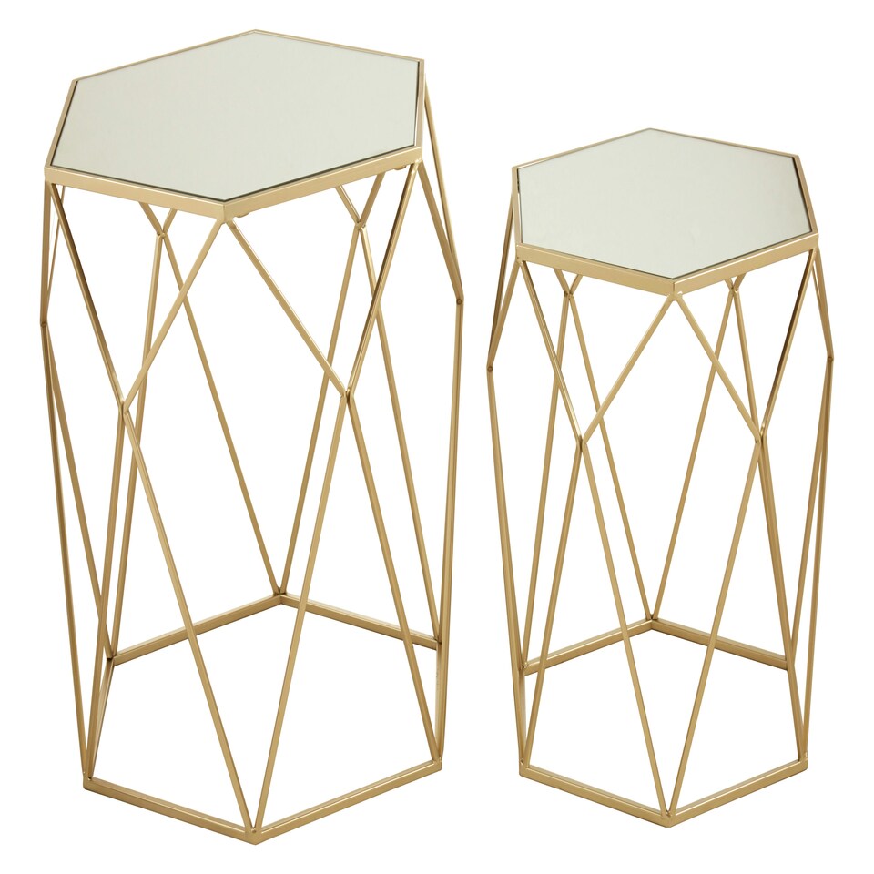 image 1 of Set of 2 Hexagonal Mirrored Top Side Tables,Nesting Tables With Champagne Finish,Decorative Accent Tables Gold