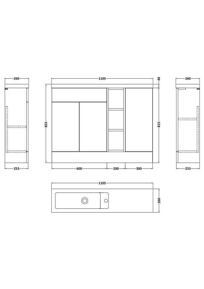 image 1 of Balterley Wichnor Contemporary Floor Standing Compact 3 Door Combination Vanity Basin Unit with Open Shelves and Polymarble Basin, 1100mm, Dark Grey