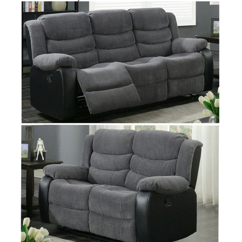 image 1 of Roma Recliner Jumbo Cord 3 Plus 2 Seater Sofa Set, Armchair Inspired Home Theatre and Living Room Seating Black Leather Trim | Black | Grey Jumbo cord & Black leather trim | 2