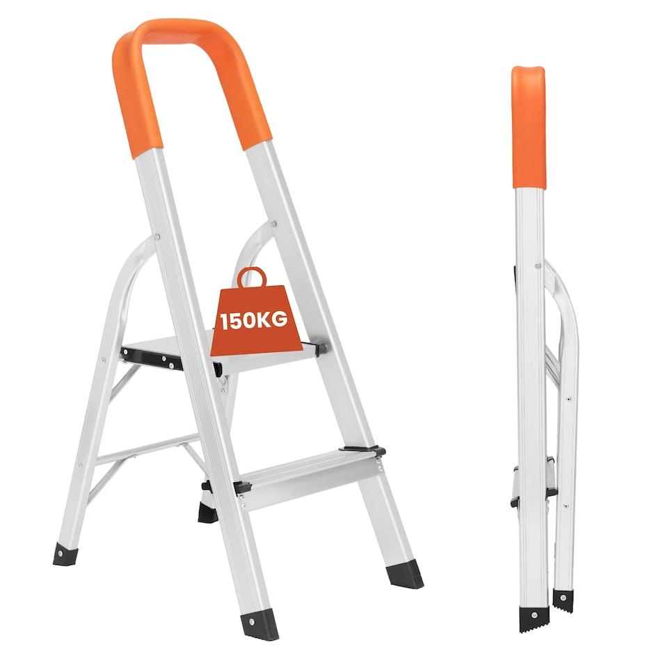 image 1 of Lightweight Step Ladders - Compact Aluminium Stepladder with Non-Slip Wide Step, Portable Silver Color - Tall Folding Ladder with Platform Silver | 2- Step 88cm
