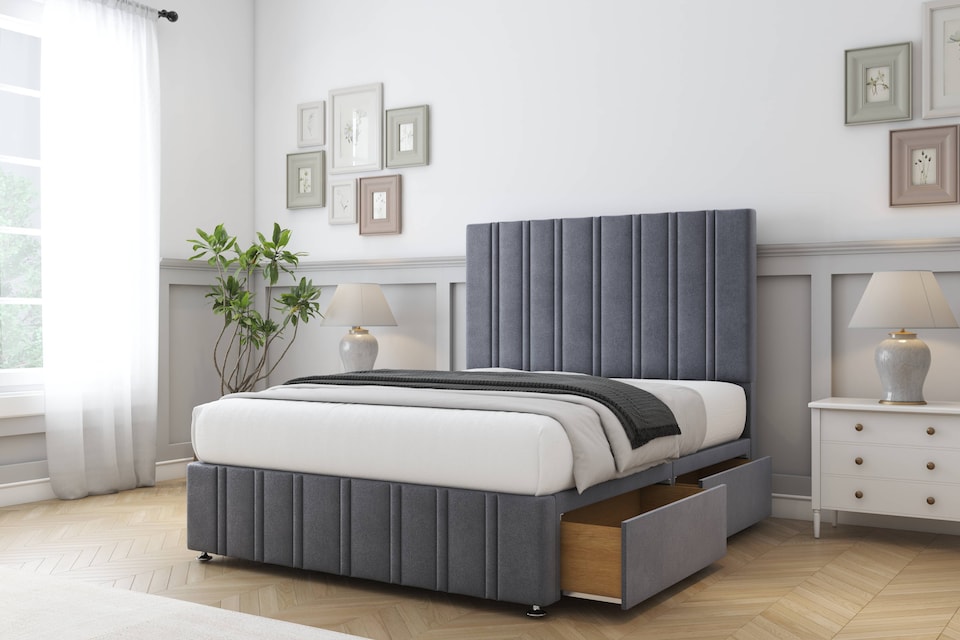 image 1 of Sloomy Langston Steel Plush Divan Bed Base 2 Drawers Foot-End With 26 Inch Strutted Headboard & 12 Inch Matching Footboard | Grey | Steel | Small Double | 1