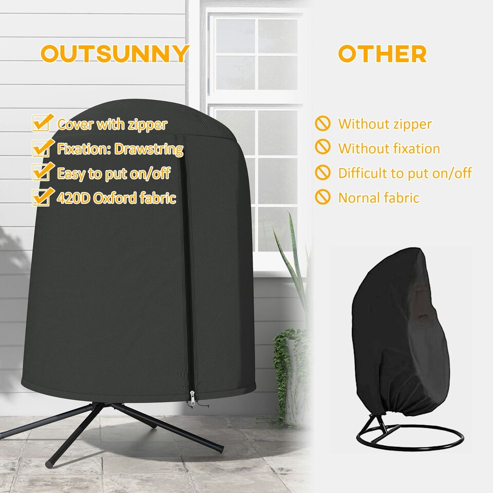 image 1 of Outsunny Hanging Egg Chair Cover Garden Swing Chair Cover Waterproof, Black Grey