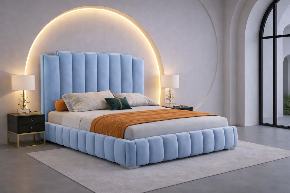 6ft Superking Sky Blue Plush Velvet Tower Panel Bed Frame