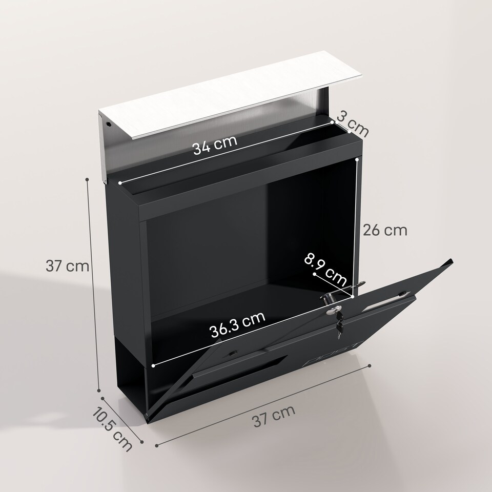 image 1 of HOMCOM Wall Mounted Post Box with Viewing Window, 2 Lock, Modern Galvanised Steel Mailbox with Copper Core, Weatherproof Letterbox for Outdoor Use, Easy to Install, Charcoal Grey | Grey