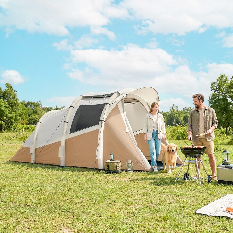 image 1 of Outsunny Inflatable Camping Tent w/ Air Pump, 2-3 Person Blow Up Tent | Brown | Khaki, Beige | 480 x 280 x 195 cm