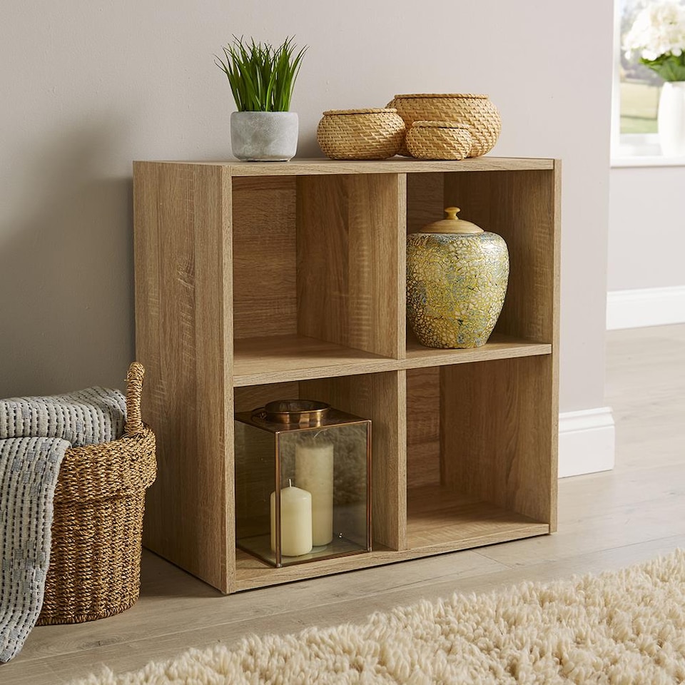 image 1 of Storage Cube 4 Shelf Bookcase Wooden Display Unit Organiser Home | Brown | Oak