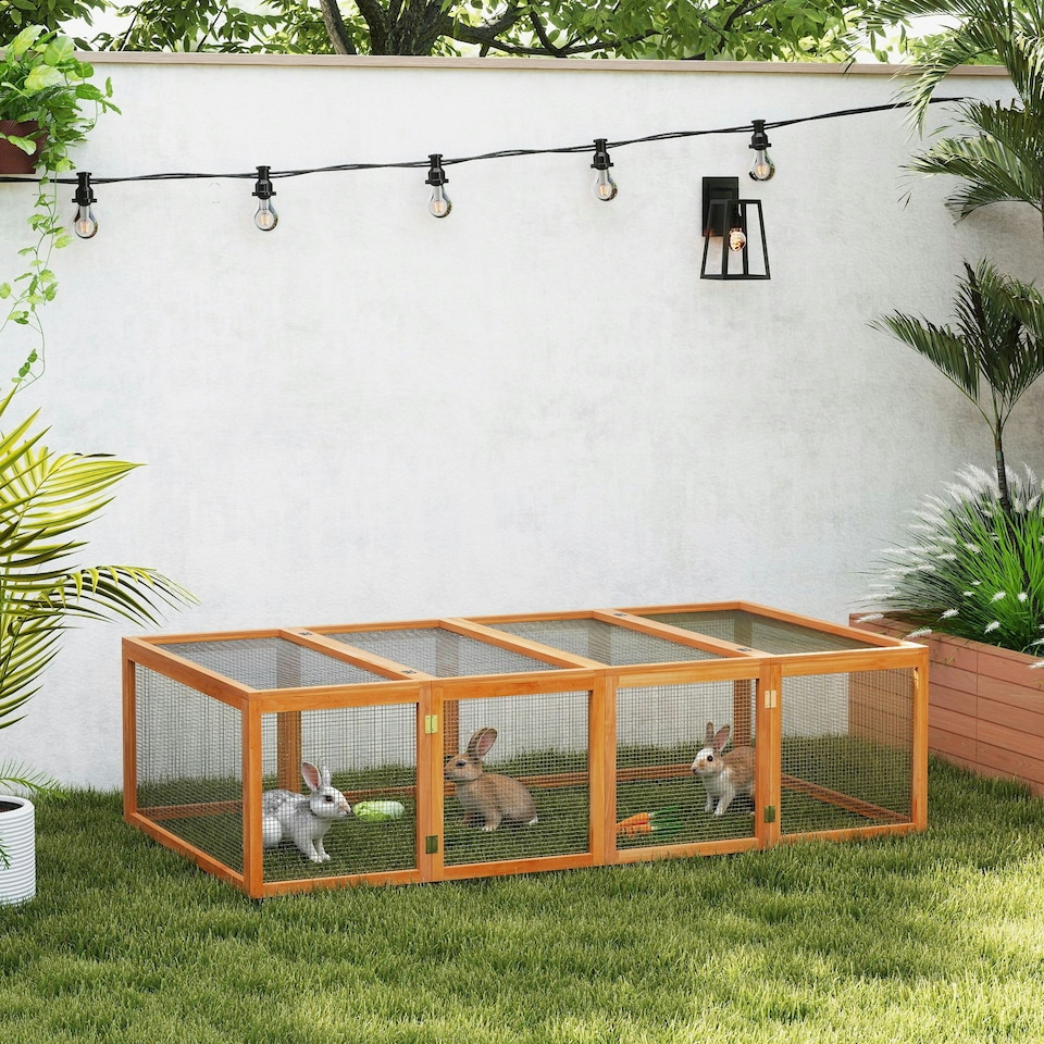 image 1 of PawHut Rabbit Hutch Cage, Wooden Outdoor Run with Openable Roof, Natural