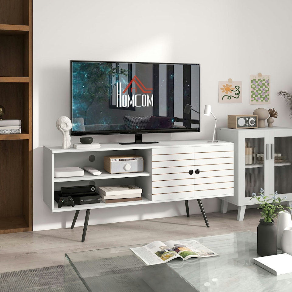 image 1 of HOMCOM TV Unit for 65" TVs with 2 Open Shelves, Door and 2 Cable Holes