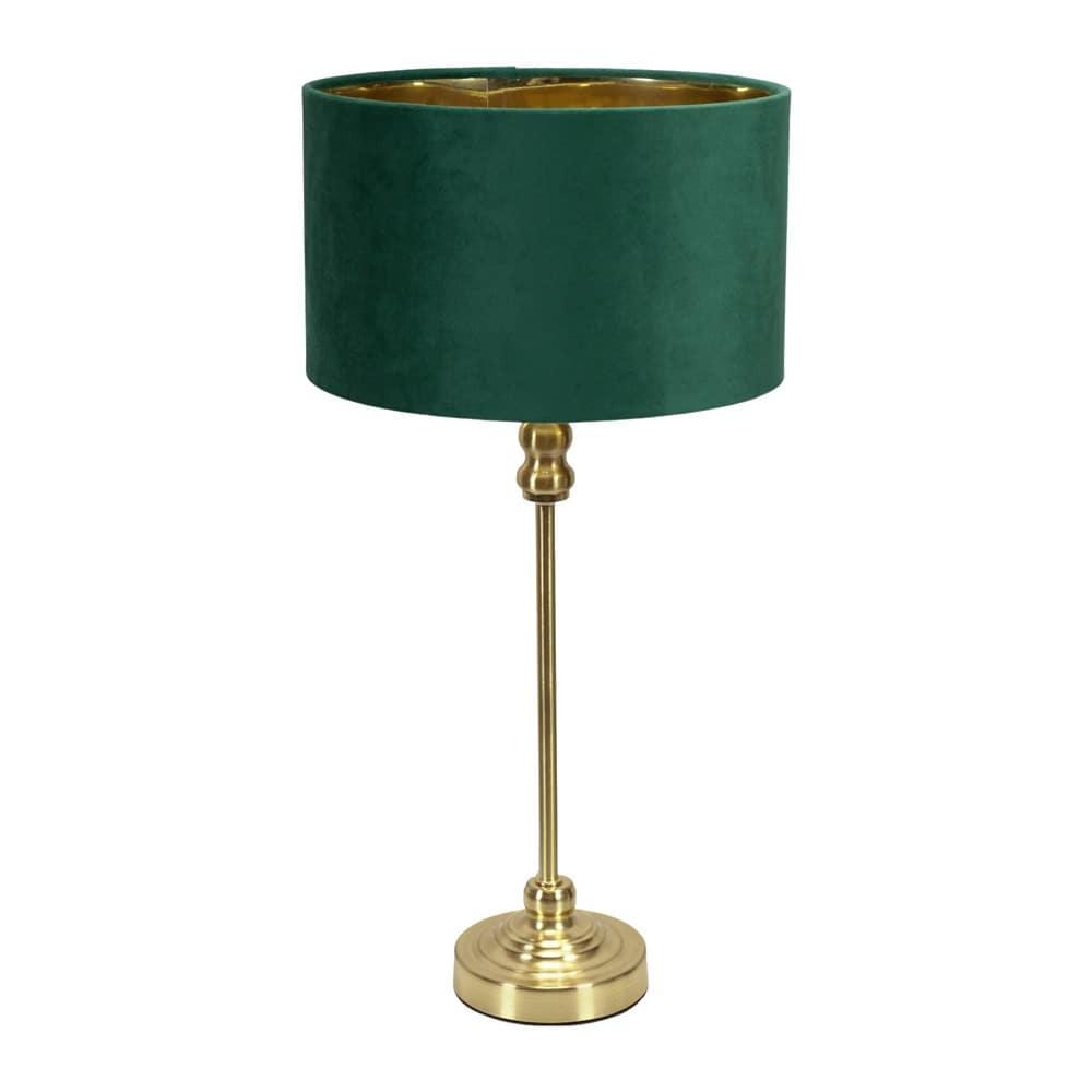 ValueLights Maggie Gold Candlestick Table Lamp with Velvet Drum with Gold Inner Shade & Bulb in Bottle Green