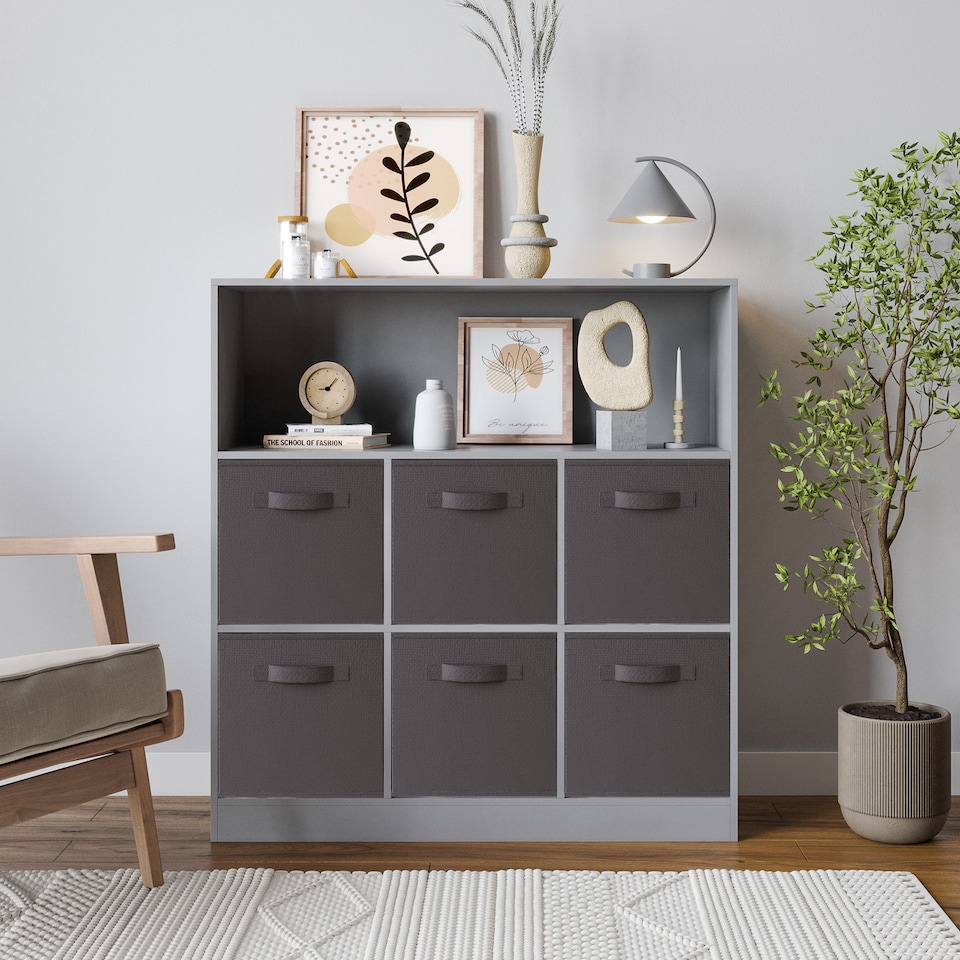 image 1 of Wide 7-Cube Bookcase With Drawers | Grey | Grey & Black | 1