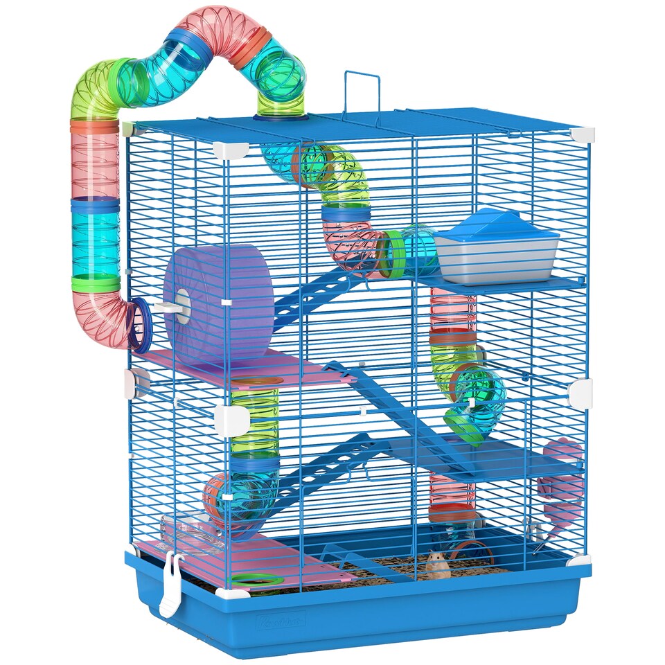 image 1 of Pawhut 5 Tier Hamster Cage, Gerbil Cage with Tube Exercise Wheels, Tunnel, Water Bottle, Dishes, Blue, 58H x 46L x 30Wcm