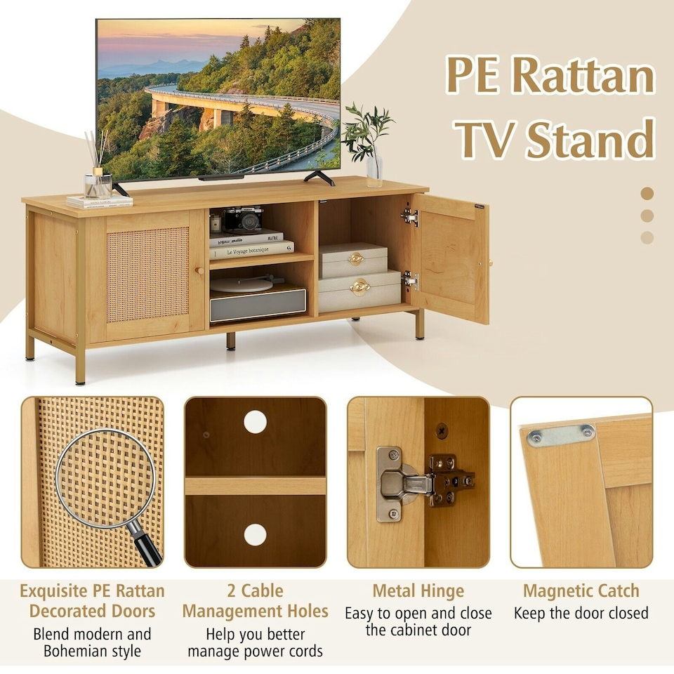 image 1 of COSTWAY Boho TV Stand for 55 Inches Entertainment Center Natural Gold