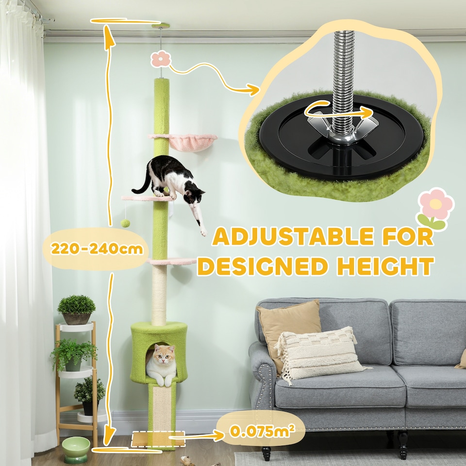image 1 of PawHut Floor to Ceiling Cat Tree, 5-Tier Flower Cat Tower Adjustable Height 220-240 cm with Hammock, Condo, Scratching Posts, Ramp, Perches, Kitty Activity Centre for Indoor Kittens, Green