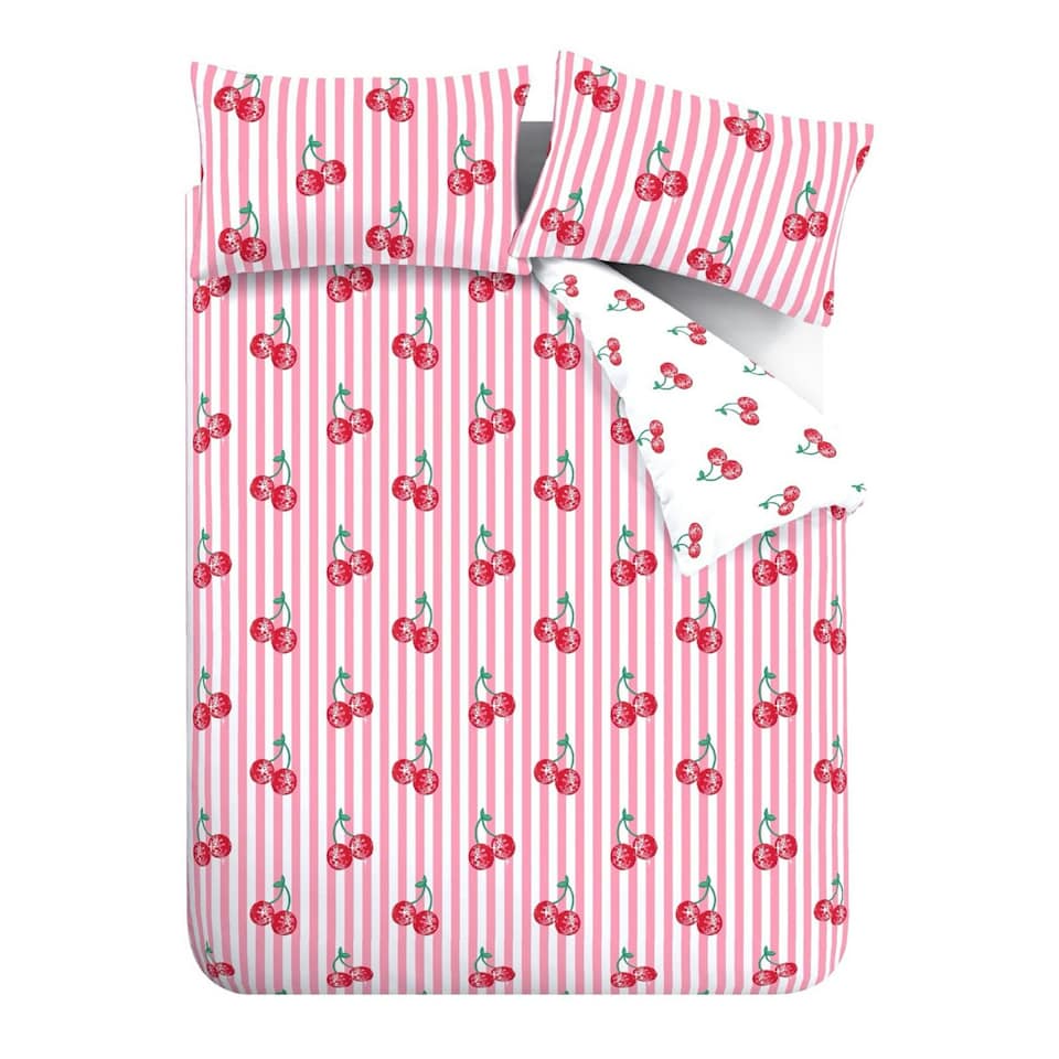 image 1 of Catherine Lansfield Disco Cherries Stripes Reversible Duvet Cover Set Pink Pink | Double