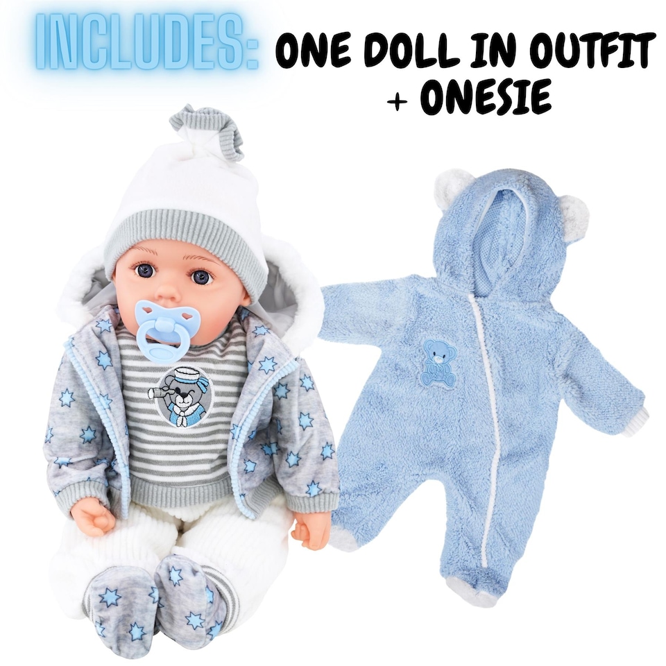 image 1 of BiBi Doll 20" Navy Baby Doll Boy with Grey Jacket, Extra Outfit, Sounds & Dummy Toy