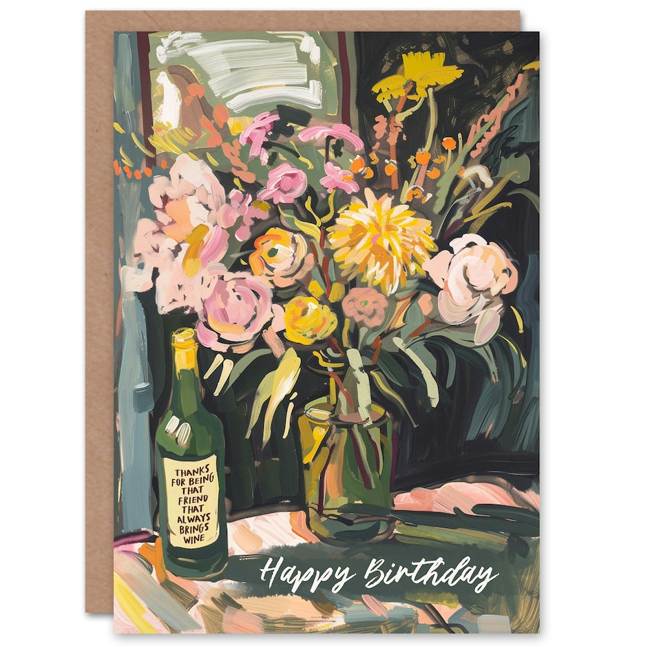 image 1 of Flower Bouquet Vase Wine Lover Woman Friend Birthday Card