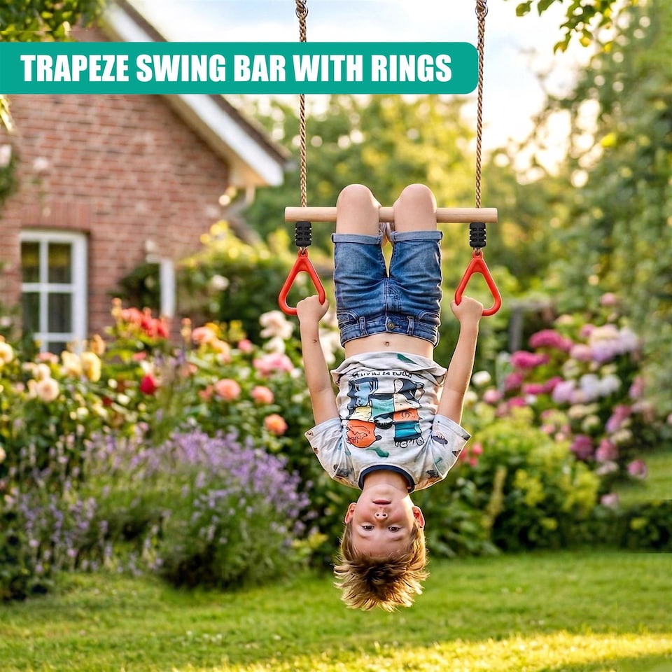 image 1 of The Magic Toy Shop 3-in-1 Trapeze Swing Rope Ladder Set Outdoor Climbing Accessories