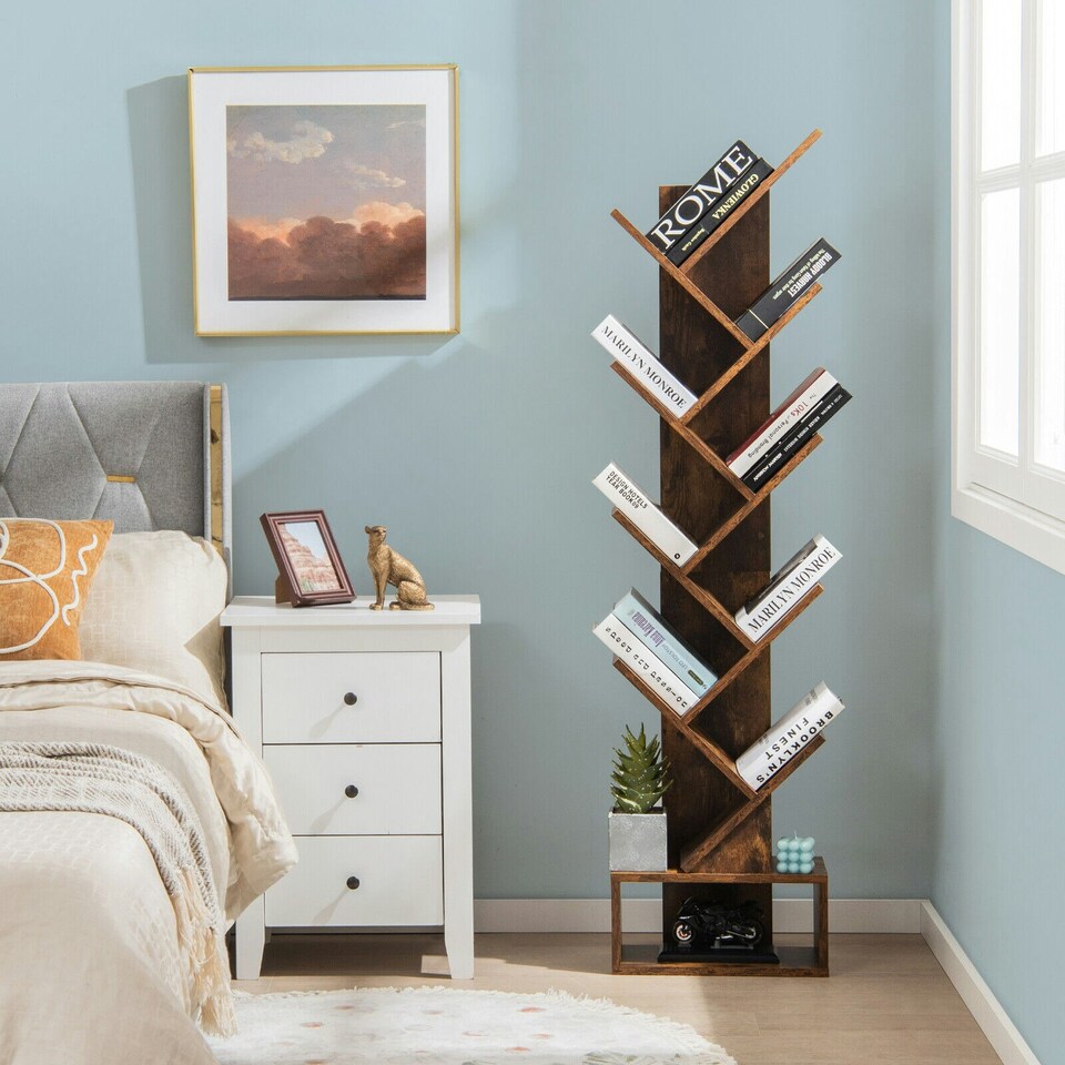 image 1 of COSTWAY 10 Tiers Bookshelf Display Bookcase with Drawer Brown Brown