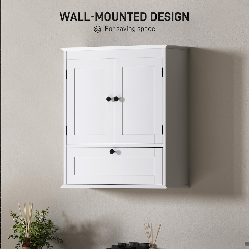 image 1 of HOMCOM Bathroom Cabinet Wall Mounted with Adjustable Shelf, White | White