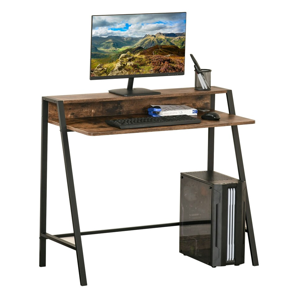 image 1 of HOMCOM 2-Tier Storage Computer Workstation Metal Frame Rustic Brown 84cm