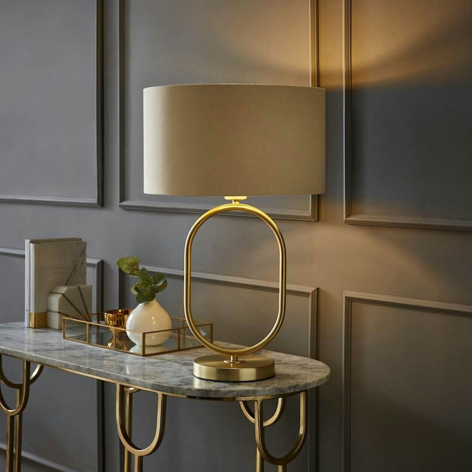 image 1 of ValueLights Antonia Beige with Metallic Gold Inner Drum Shade Brushed Gold Oval Table Lamp Gold