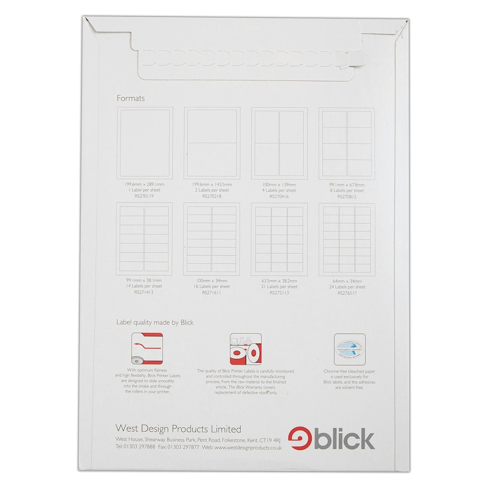 image 1 of Blick 18 Per Sheet 100 Sheets, 63.5mm x 46.6mm, Rectangular, White, 1800 Labels